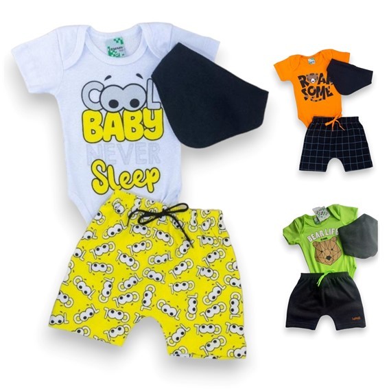 Conjunto body 3 peças estampado manga curta. Body Bermuda e Babador Bebê Infantil Menino e Menina