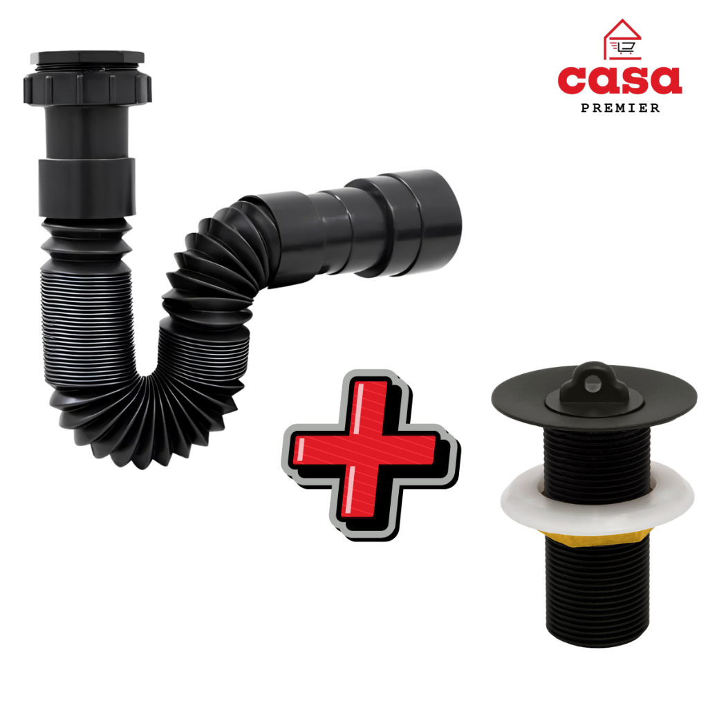 Válvula Pia Banheiro Lavatório Cuba 7/8 Metal Preta Escoamento + Sifão Sanfonado Extensivo Pvc Preto