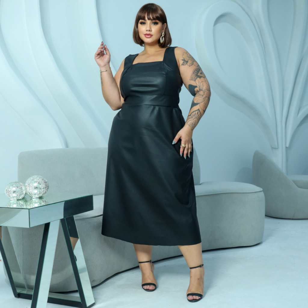 Vestido Midi Plus Size Couro Ecológico Curvy Tendência