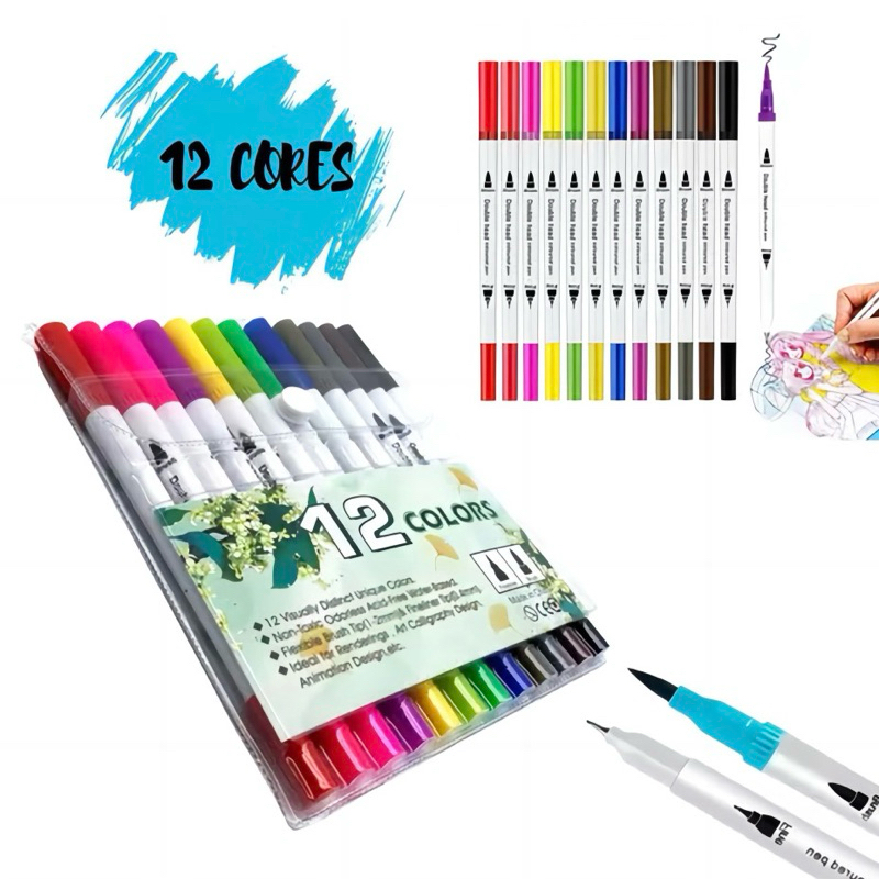Kit 12 Brush Caneta Pen Duas Pontas Dupla Pincel Fineliner
