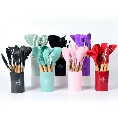 Jogo de Cozinha Kit C/12 Peças de Silicone, Utensílios e Copo Suporte para Cozinha Cabo de Madeira