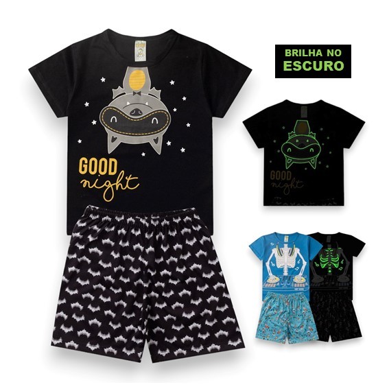 Conjunto infantil Pijama Brilha no escuro Verão 2 peças Menino. Kit Bermuda e Camiseta Tam 1 a 8
