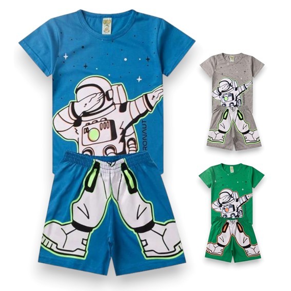 Conjunto infantil Pijama Verão 2 peças – Bermuda e Camiseta Roupa de Menino Astronauta. Tam. 1 ao 8