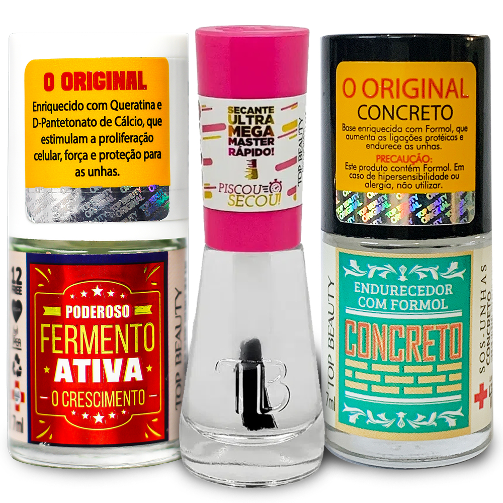 Kit SOS Unhas Top Beauty Fortalecedor e Endurecedor Bases Fermento + Concreto + Piscou Secou