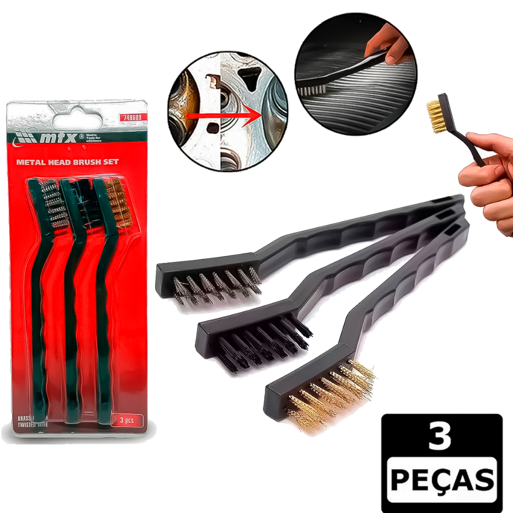 Kit 3 Escovas De Aço Carbono Latão Nylon Ferrugem Ferro Serralheiro Para Limpeza Soldas Respingos em Oferta na Shopee