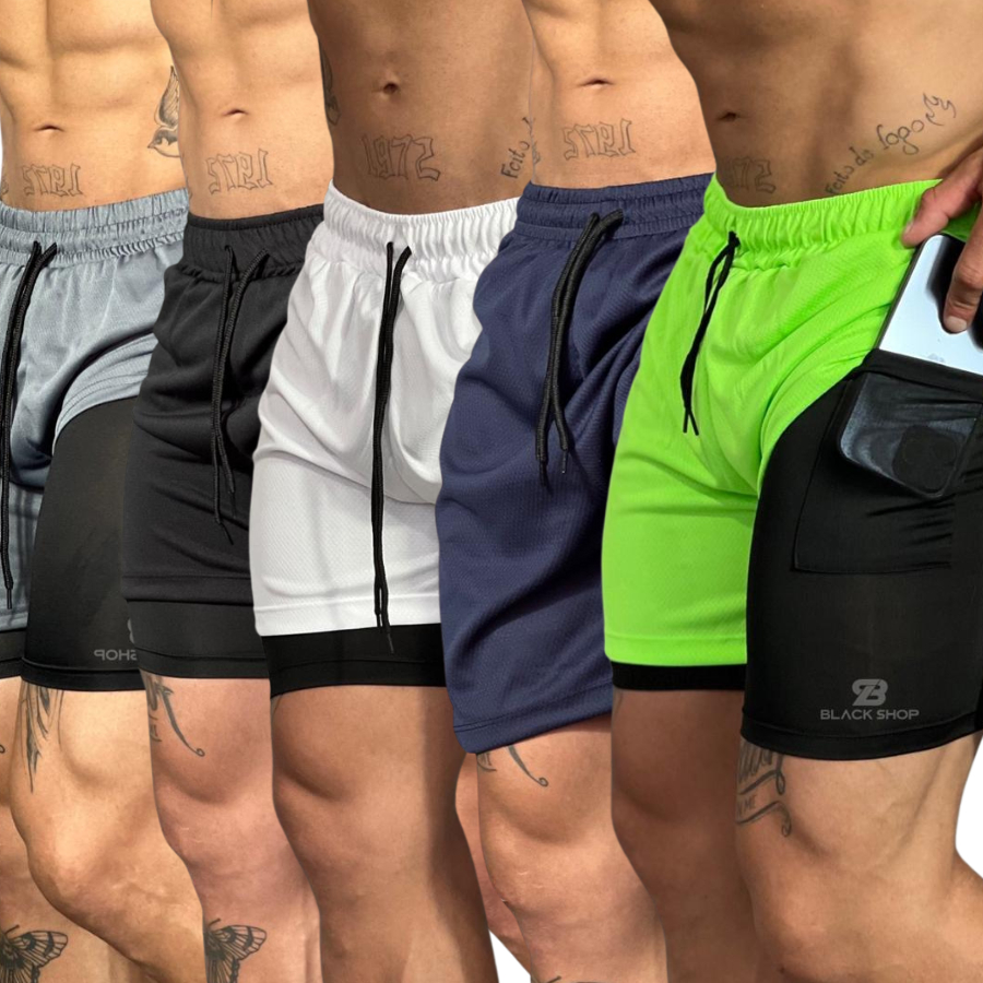 KIT 5 Shorts Dry Duplo Elastano Bermuda 2 em 1 Academia Masculina Treino Corrida Esportes