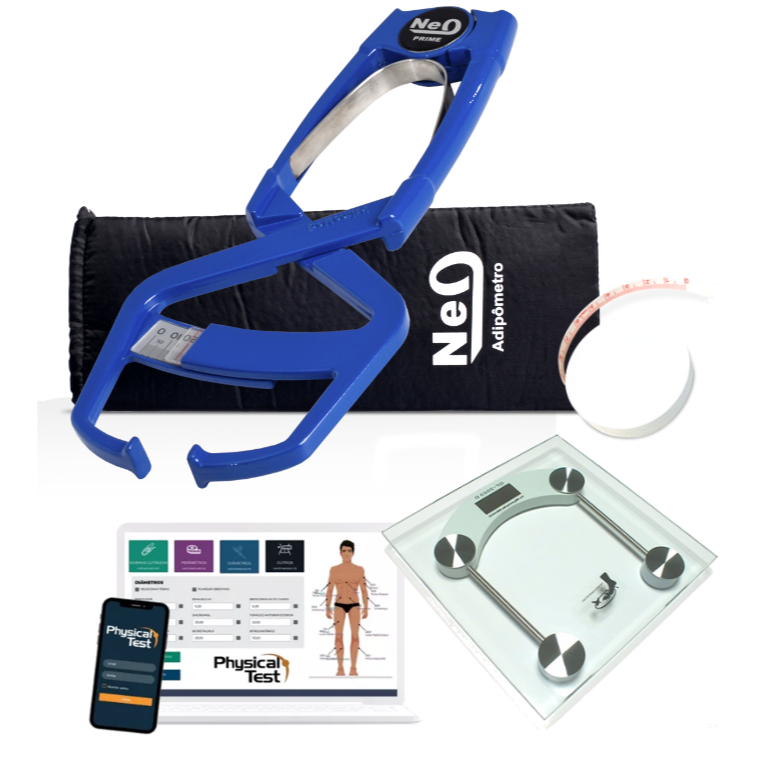 Adipômetro Clínico de Metal Neo Prime Med Azul + Trena corporal + Balança - Kit Avaliação Física