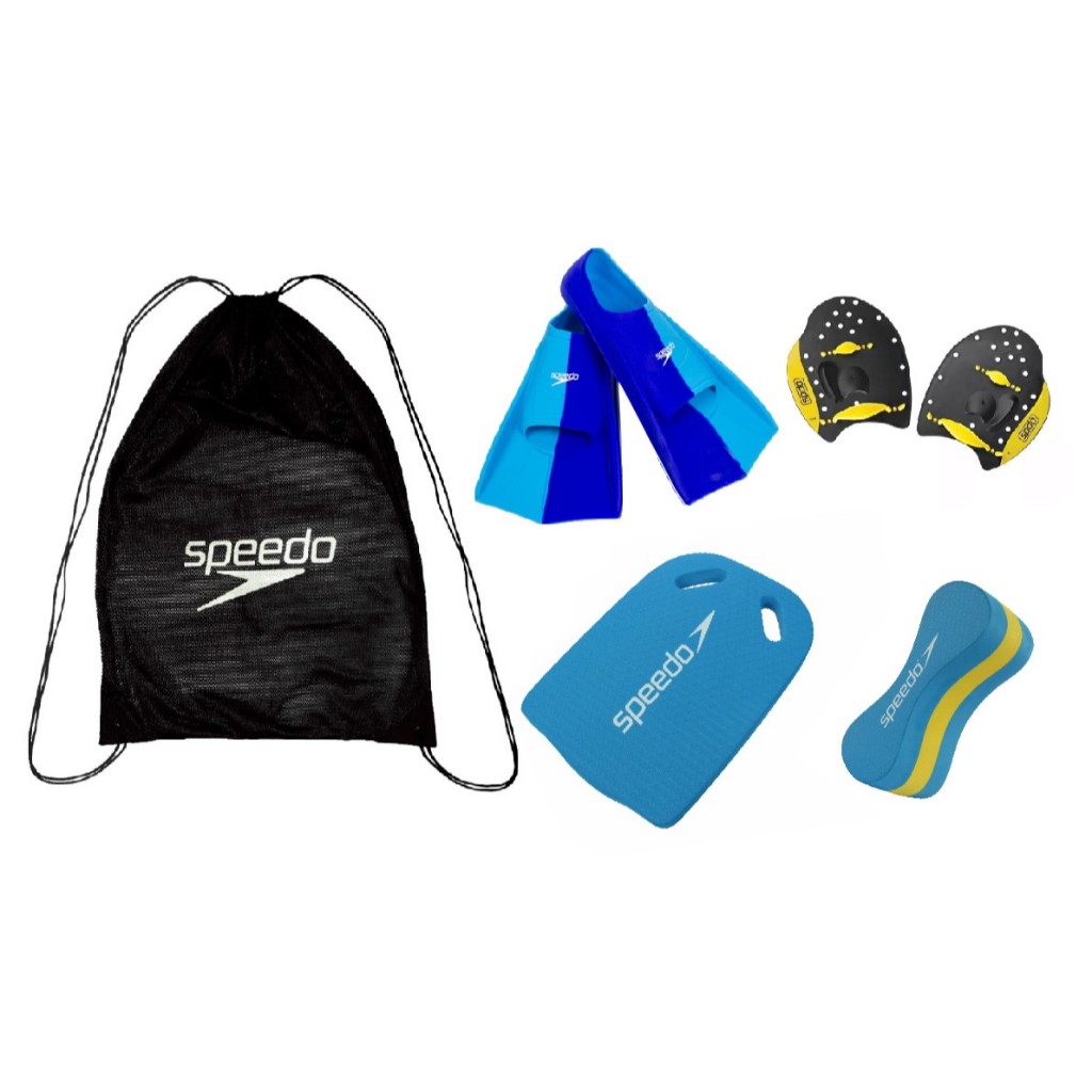 Kit Natação Speedo Mochila Mesh + Nadadeira Dual Swim + Palmar Power Paddles + Prancha e Flutuador