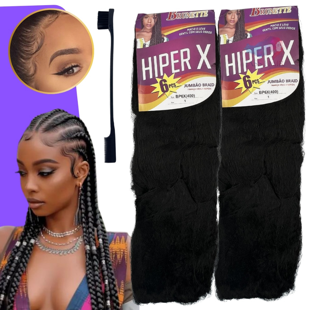 KIT 2 Cabelo Jumbo Jumbão Hiper X Tranças Box Braid + Escovinha Baby Hair em Oferta na Shopee