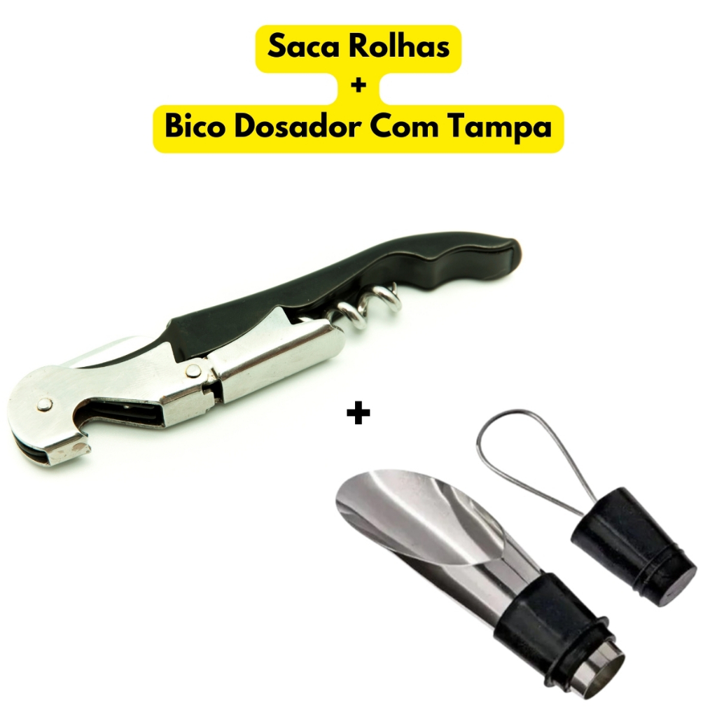 Saca Rolhas+Bico Dosador Para Vinho C/ Tampa Estilo Canivete Prático Fácil Resistente Restaurante