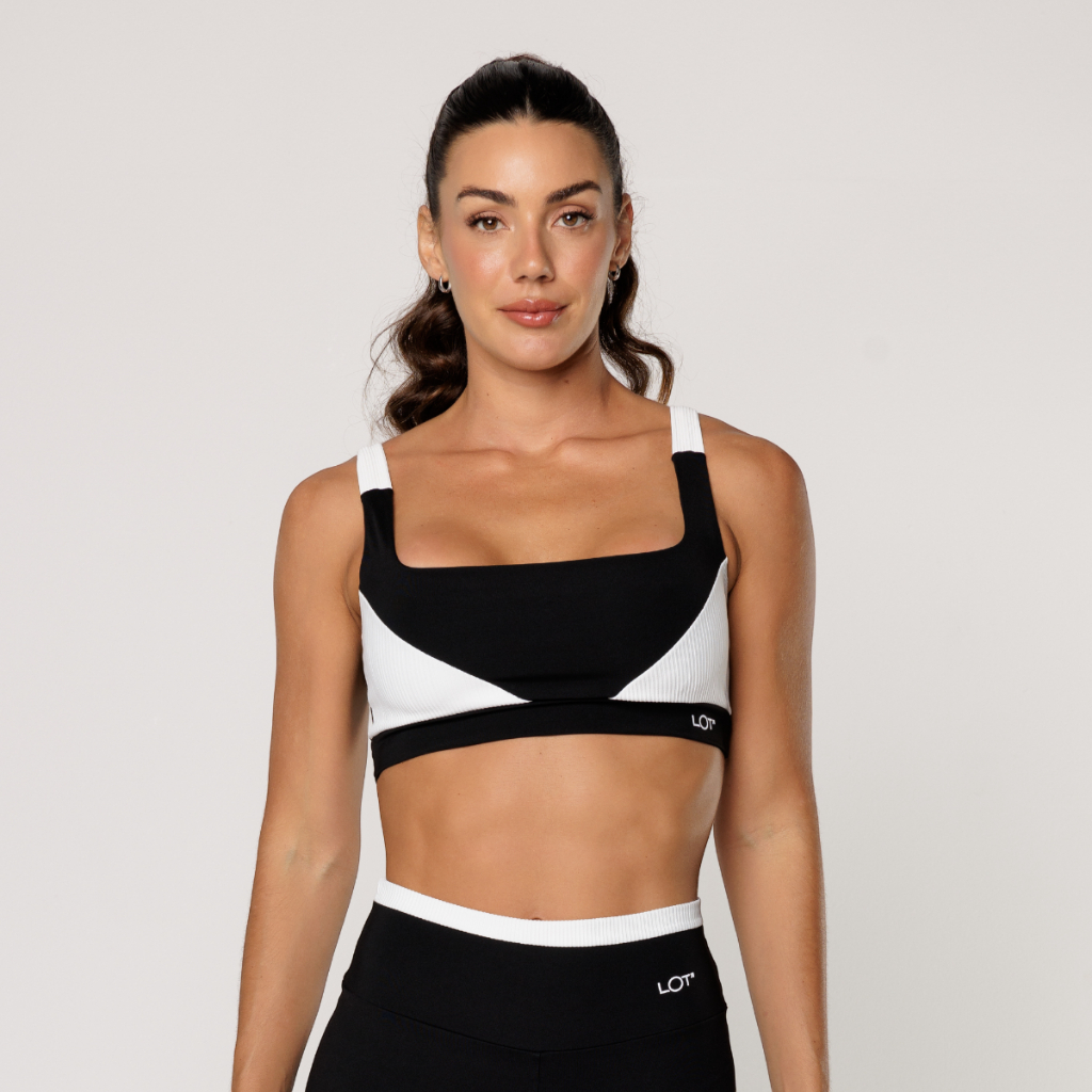 Top Academia Feminino Preto com Recorte Off White Alça Larga Feminino Elevate em Oferta na Shopee