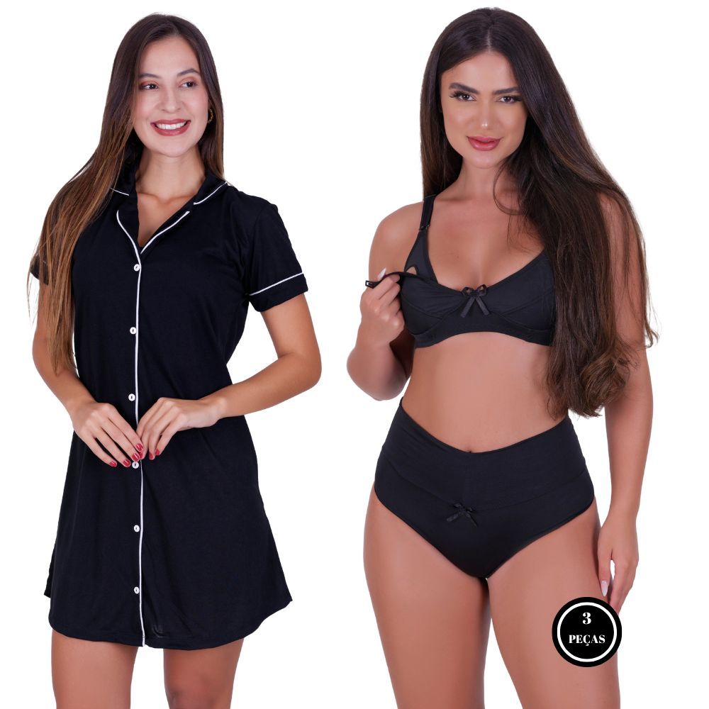 Combo Camisola Blogueira com Botões Sutiã Amamentação e Calcinha Pós Parto Thamires em Oferta na Shopee