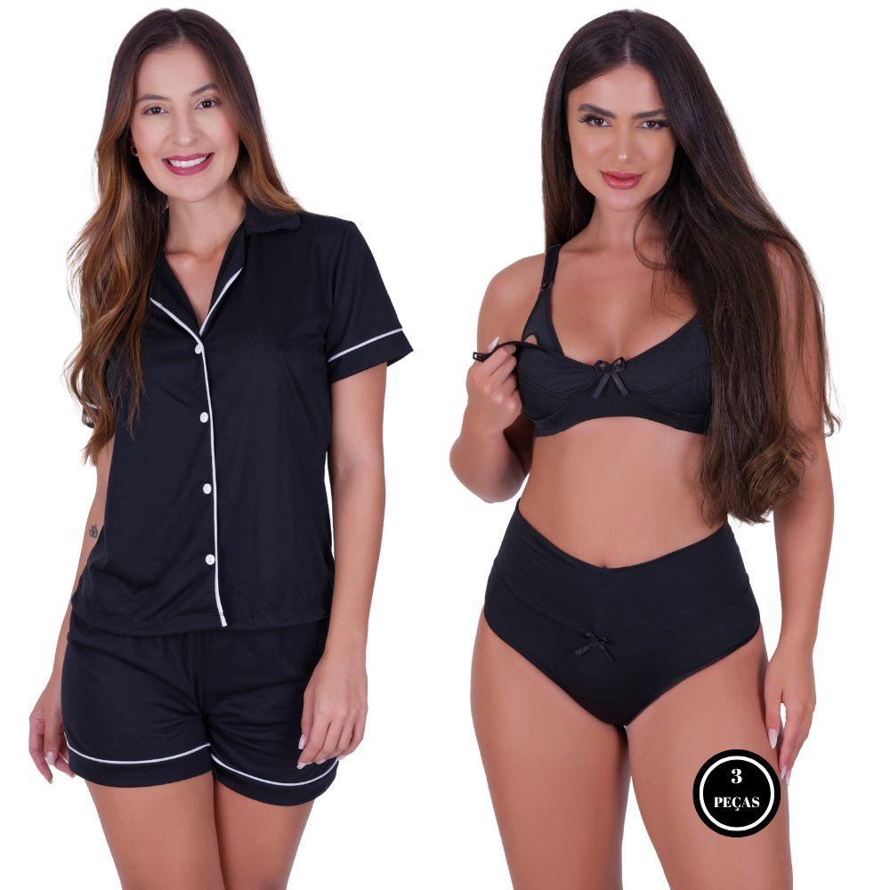 Combo Amamentação Pijama Brenda com Botões Sutiã com Clique e Calcinha Pós Parto