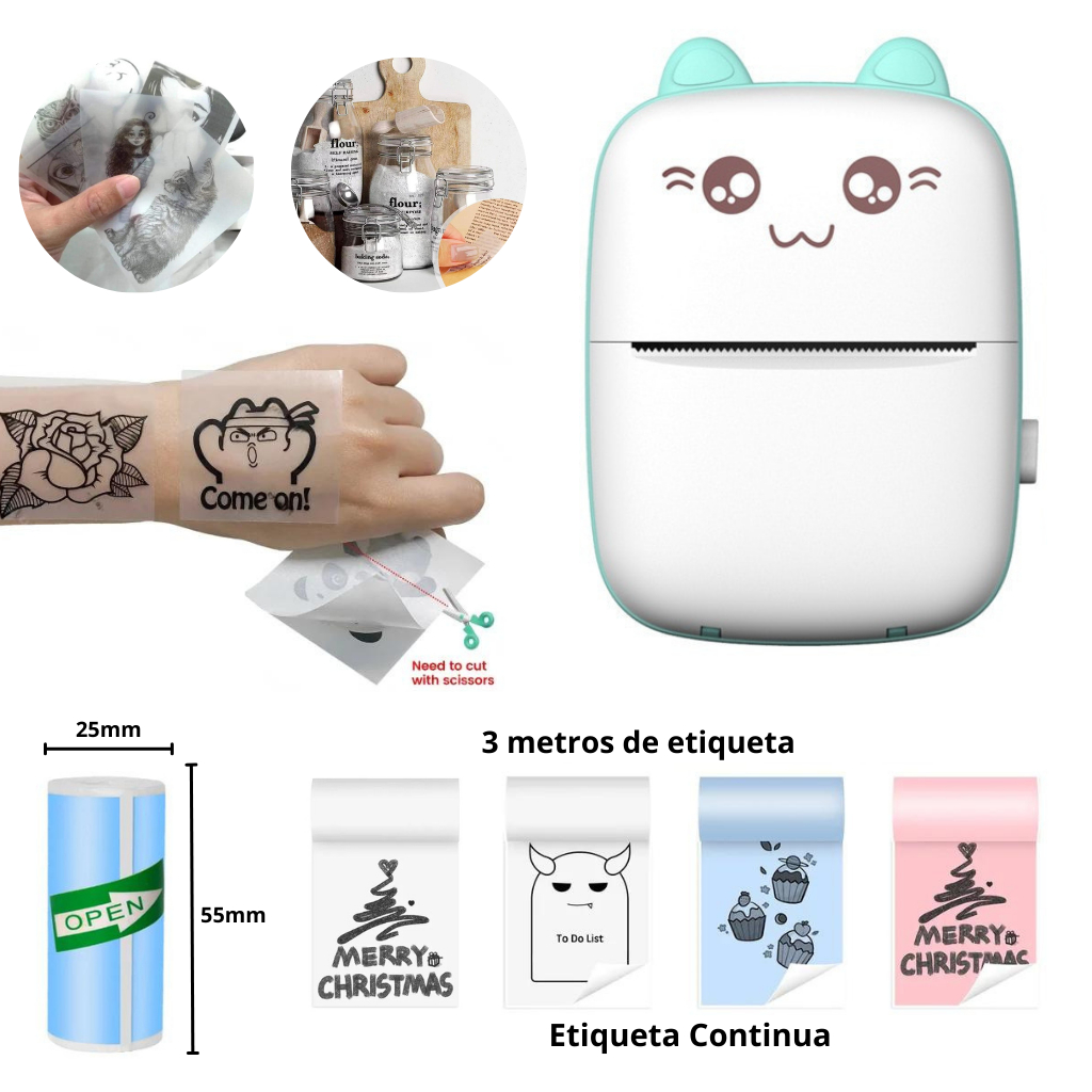 Mini Impressora Máquina de Imprimir Portátil Bluetooth de Etiquetas + Etiqueta Adesivas Prova d'água Continua
