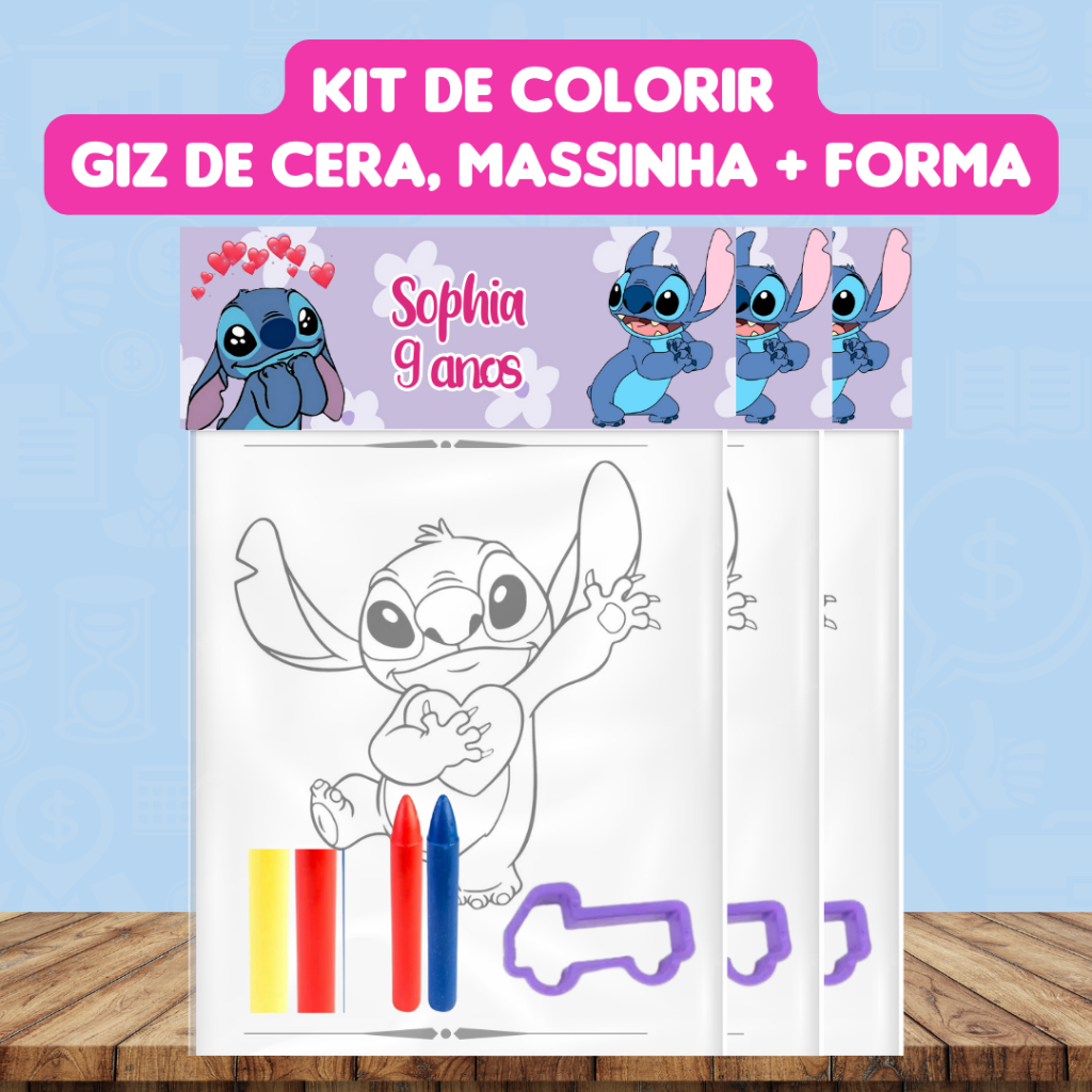 Kit de Colorir stitch  com Giz de cera massinha e forma - Lembrancinha personalizada