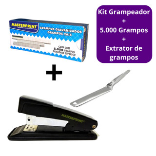 Kit Grampeador Metal + 5.000 Grampos 26/6 Galvanizados + Extrator de Grampos Escolar Escr…