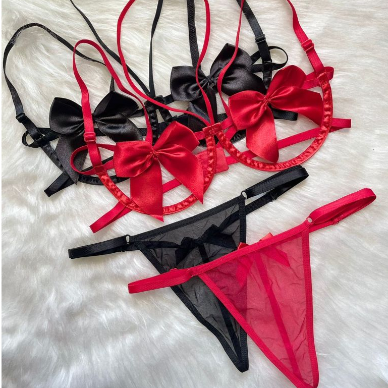 Conjunto Lingerie Sexy Sutiã Aro Laço Meia Taça + Calcinha Fio Dental em Oferta na Shopee