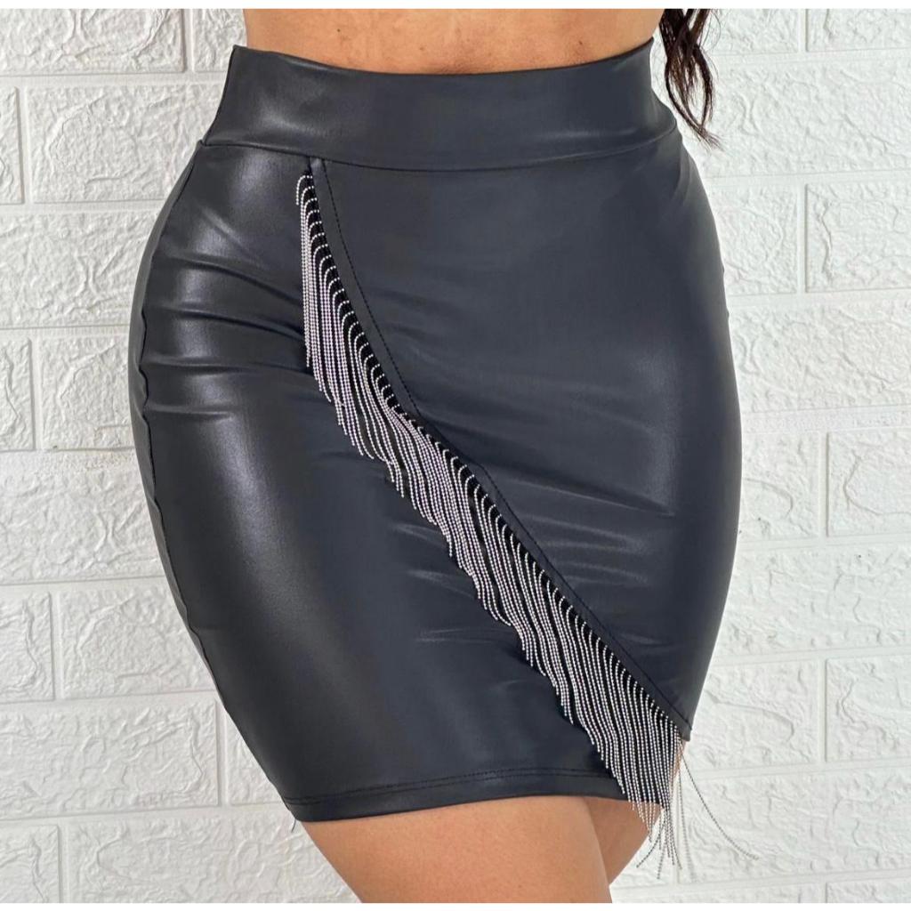 Saia Feminina Cintura Alta Curta com Detalhe em Franja na Vertical Moda Rodeio Tendencial Feminina