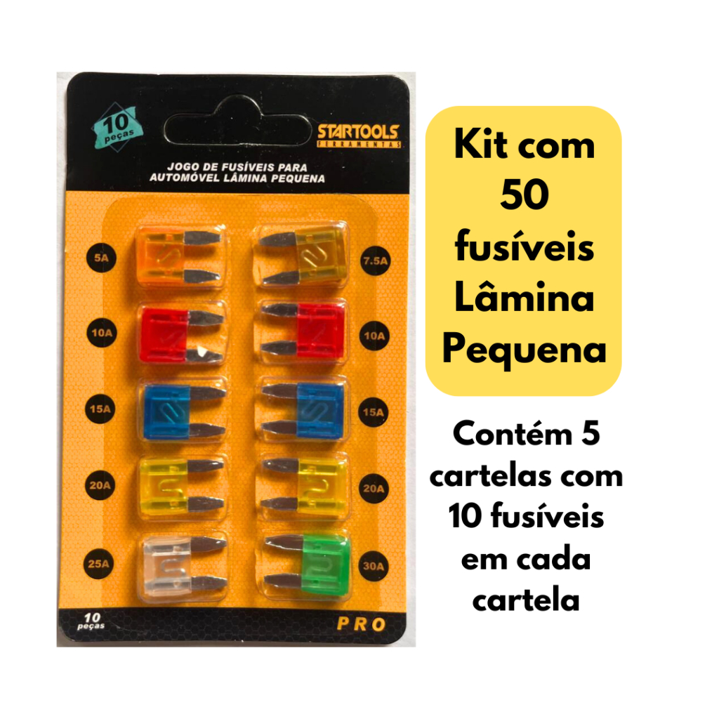 Kit 50 peças de Fusível para Carro Lâmina Pequena Mini