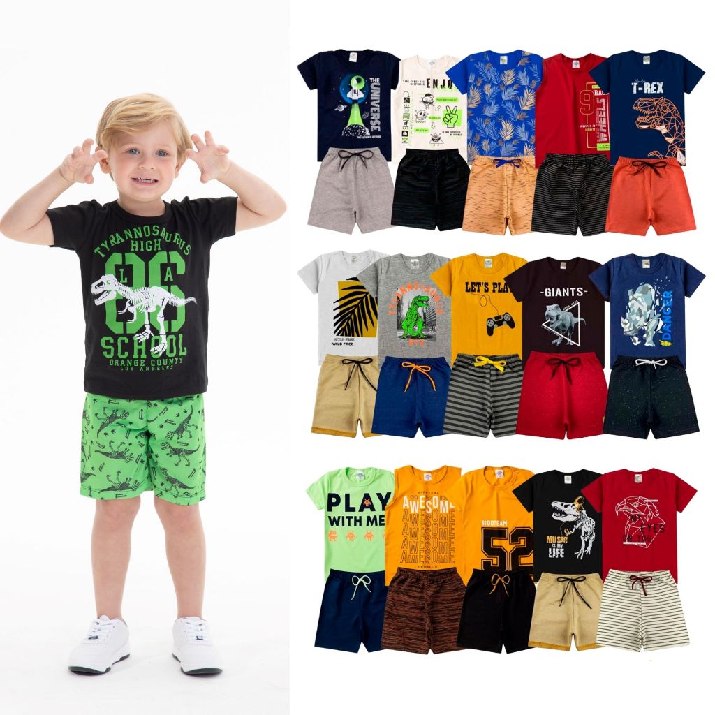 Roupa Infantil - Kit Sortido 10 Peças de Roupas Infantil/juvenil 10 ao 14 Menino- 5 Camisetas + 5 Bermudas