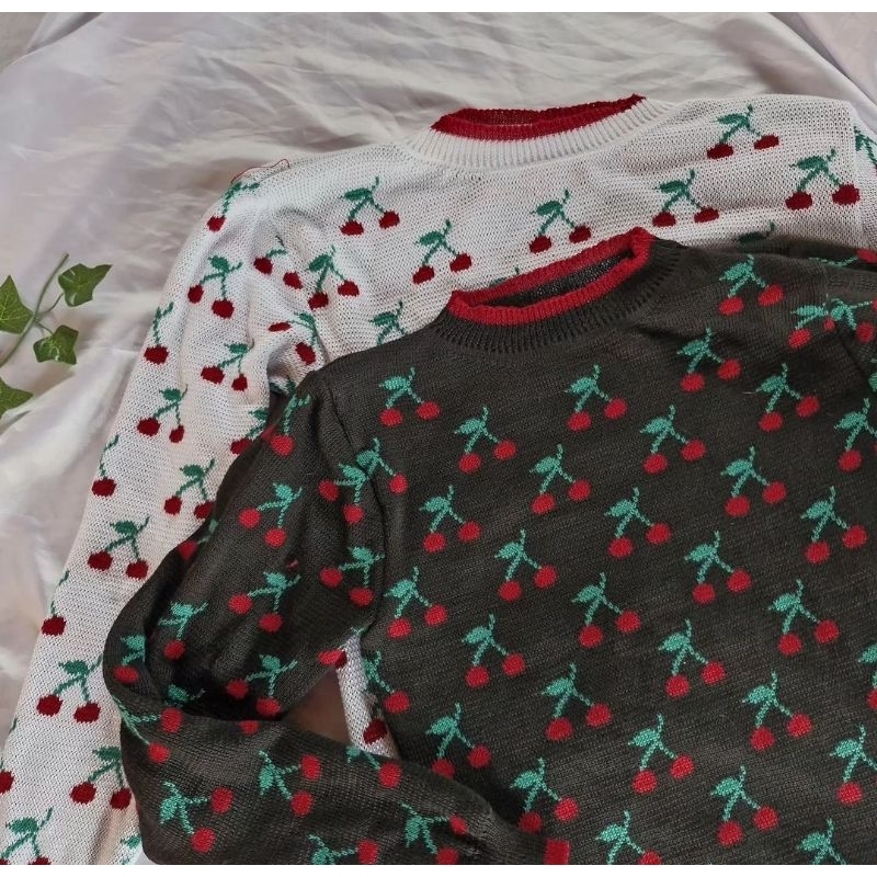 suéter de cereja em tricô blusa de frio branca estampada de cereja moda inverno moda feminina blusa de feio cereja preto e branca