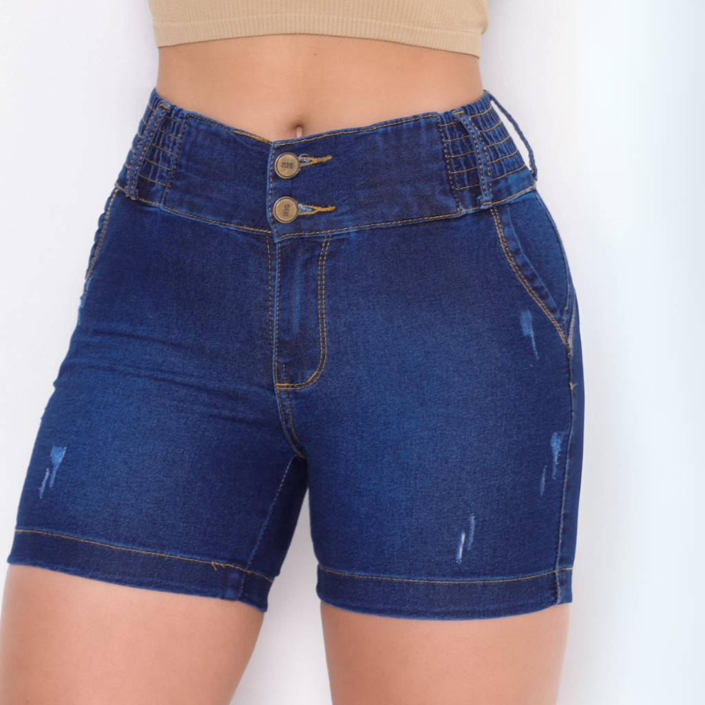 Short Feminino Jeans Levanta Bumbum Com Elastano Elástico no Cós Cintura Alta Bermuda Meia Coxa em Oferta na Shopee
