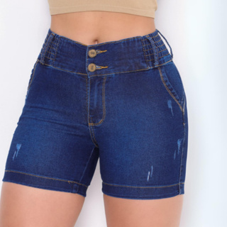 Short Feminino Jeans Levanta Bumbum Com Elastano Elástico no Cós Cintura Alta Bermuda Meia Coxa em Oferta na Shopee