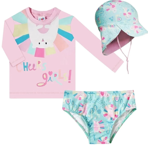 Conjunto de Biquíni infantil e Blusa de proteção + Boné Porco-Espinho | Rosa com Turquesa - Tip Top - Tamanho 6