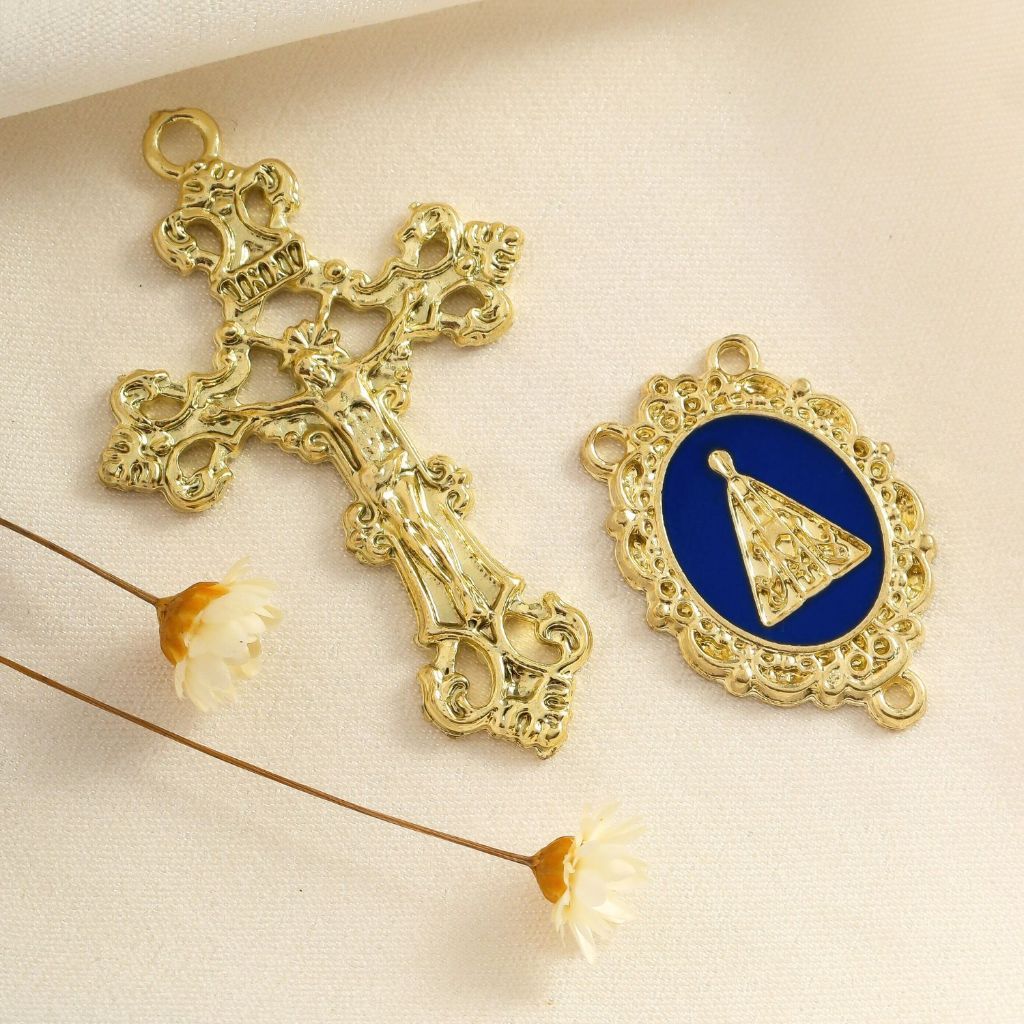 Entremeio Para Terço Nossa Senhora Aparecida Azul + Crucifixo Dourado Alta Qualidade Asas da Fé