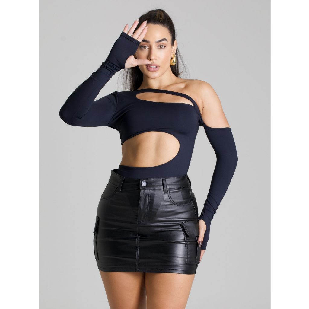 Body Feminino Manga Longa Dedeira Mula Manca Assimétrico Recorte Busto e Barriga Gringa Estilosa Suplex