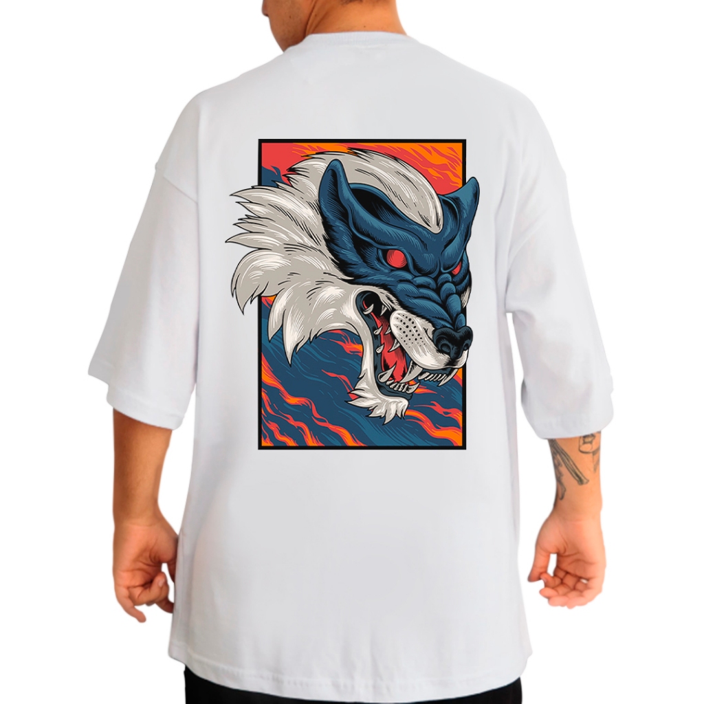 Camiseta Branca Larga Estampada Lobo Oriental Oversized Streetwear Unissex Lançamento 2024