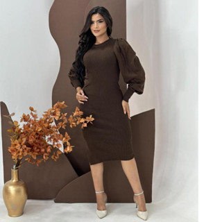 Vestido Canelado Tricot Midi Manga Balão com Fenda Lateral Moda Evangélica em Oferta na Shopee