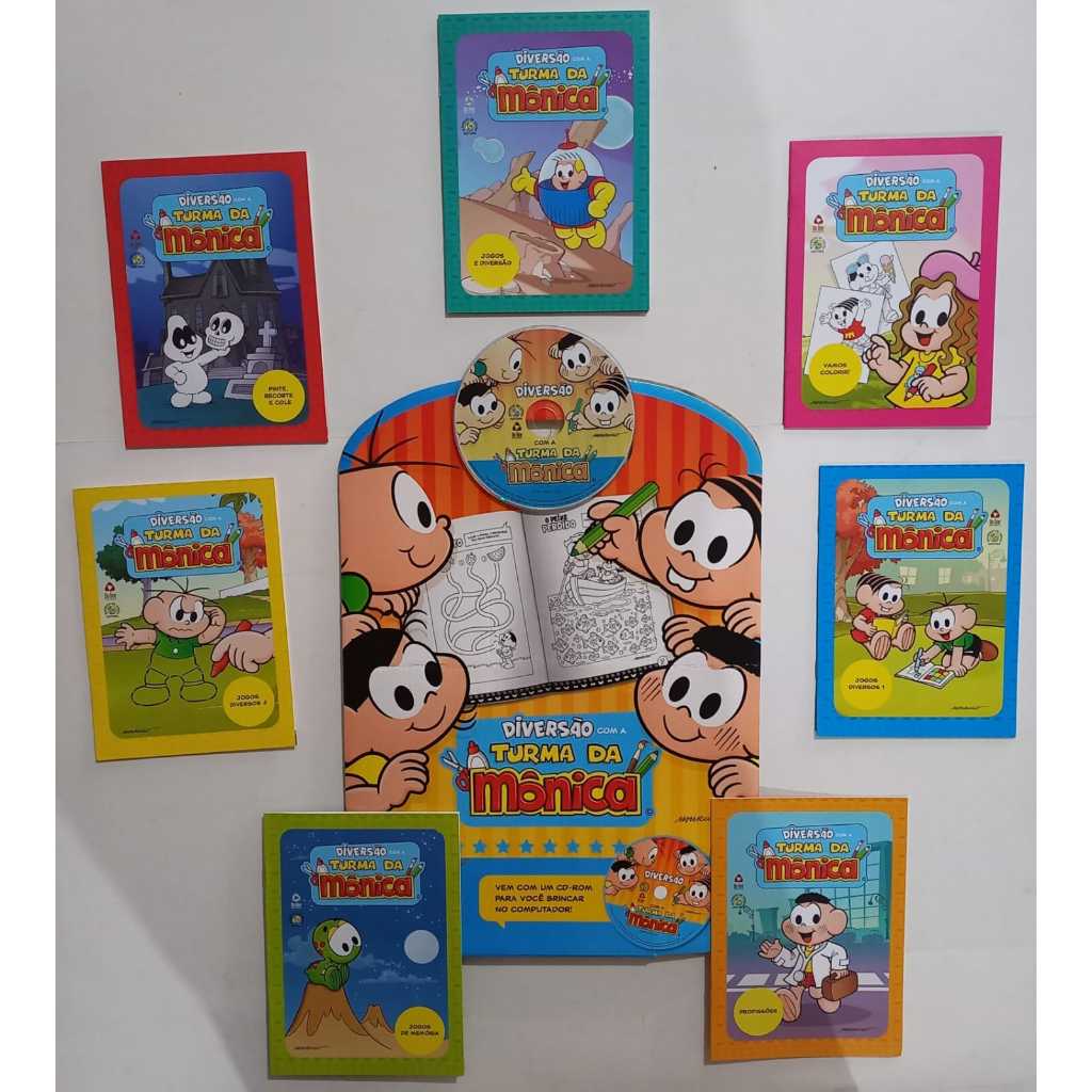 Kit Diversão Turma Da Mônica 7 Livros + Cd-rom Pintar Colorir Recortar Jogos Passatempos Mônica Cebolinha Magali Cascão Chico Bento