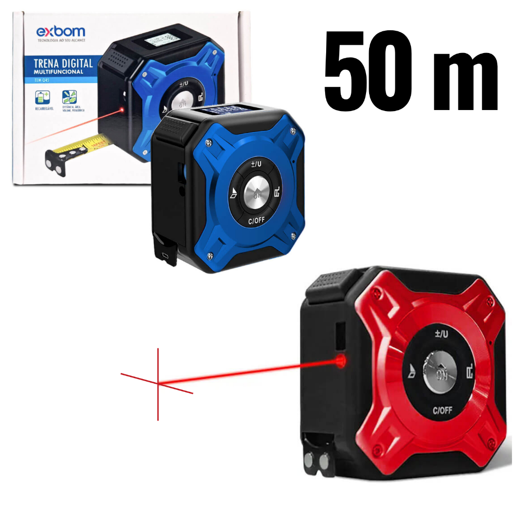 Trena Digital a Laser 50 Metros Visor Com LED Medição de Distância, Área e Volume Exbom TEM-Q45