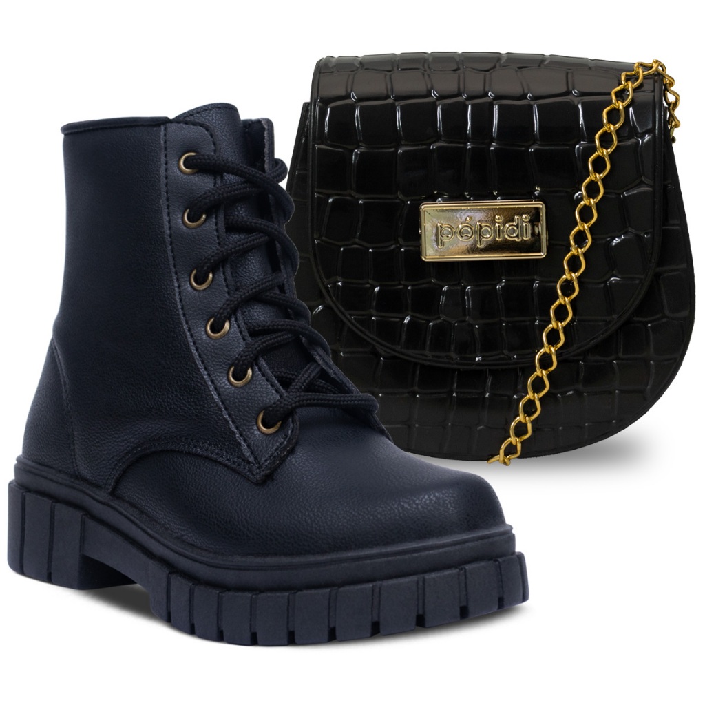Kit Bolsa E Bota Coturno Infantil Tratorado Feminino Menina Moda Confortavel K06