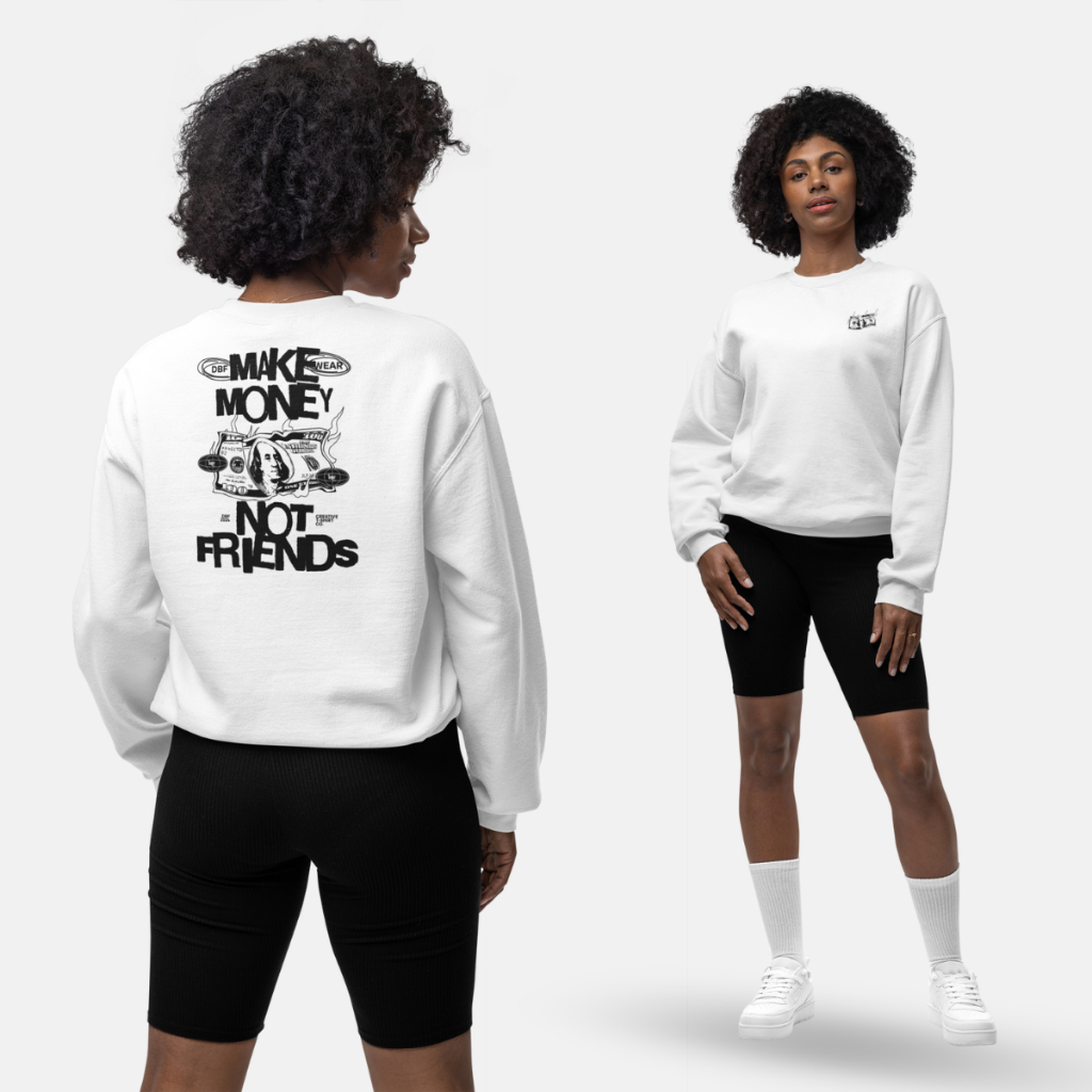 Blusa Moletom Branco Preto Feminino Masculino Oversized Street Wear Unissex Gola Careca Algodão Flanelado Estampado Make Money Not Friends
