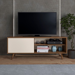 Rack Estante Multifuncional Para  Sala de Estar com Prateleira, Porta Organizadora e Pés de Madeira em Oferta na Shopee