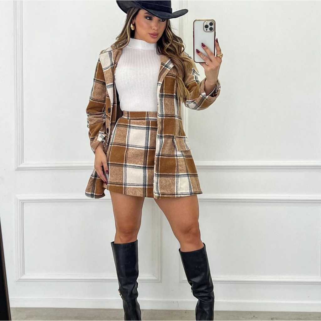 Conjunto Xadrez Lã Batida Blazer + Short Saia Feminino