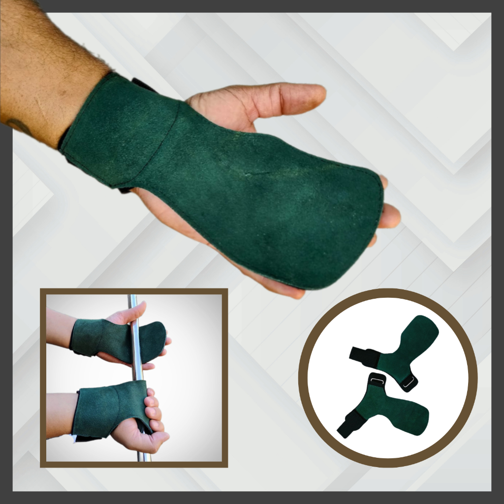 Luva Hand Grip 100% Couro sem furo com Neoprene para Smartfit, Crossfit e Academia Verde