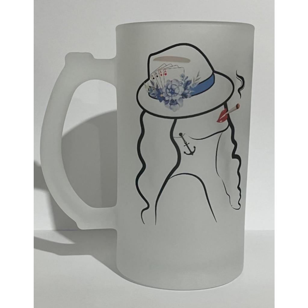 CANECA DE CHOPP CERVEJA E BEBIDAS MARIA DO CAIS VIDRO JATEADO FOSCO 475ML MALANDROS UMBANDA CATIMBO JUREMA