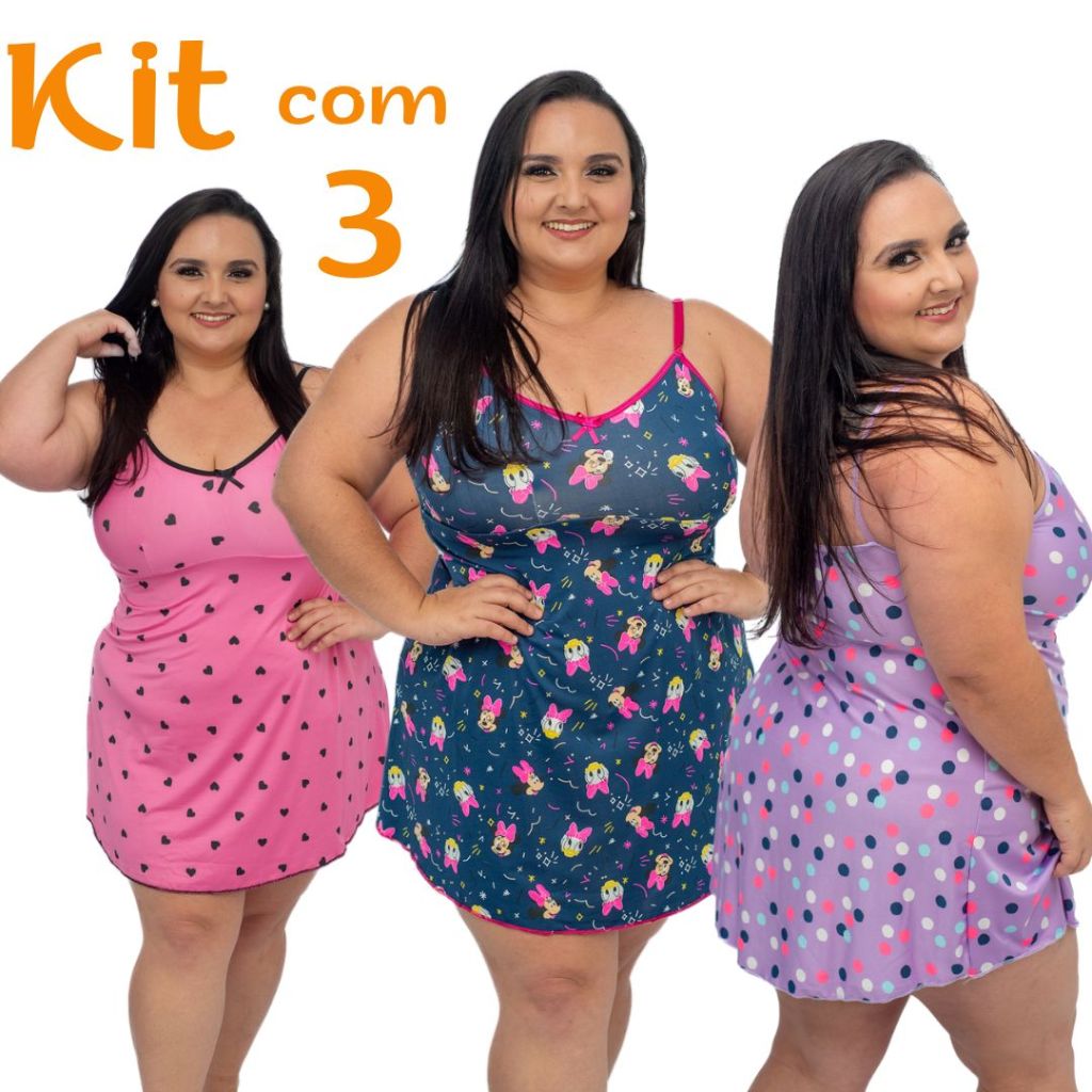 KIT com 3 Camisolas Plus Size Vestido de Dormir Extra Grande Camisola XGG em Oferta na Shopee
