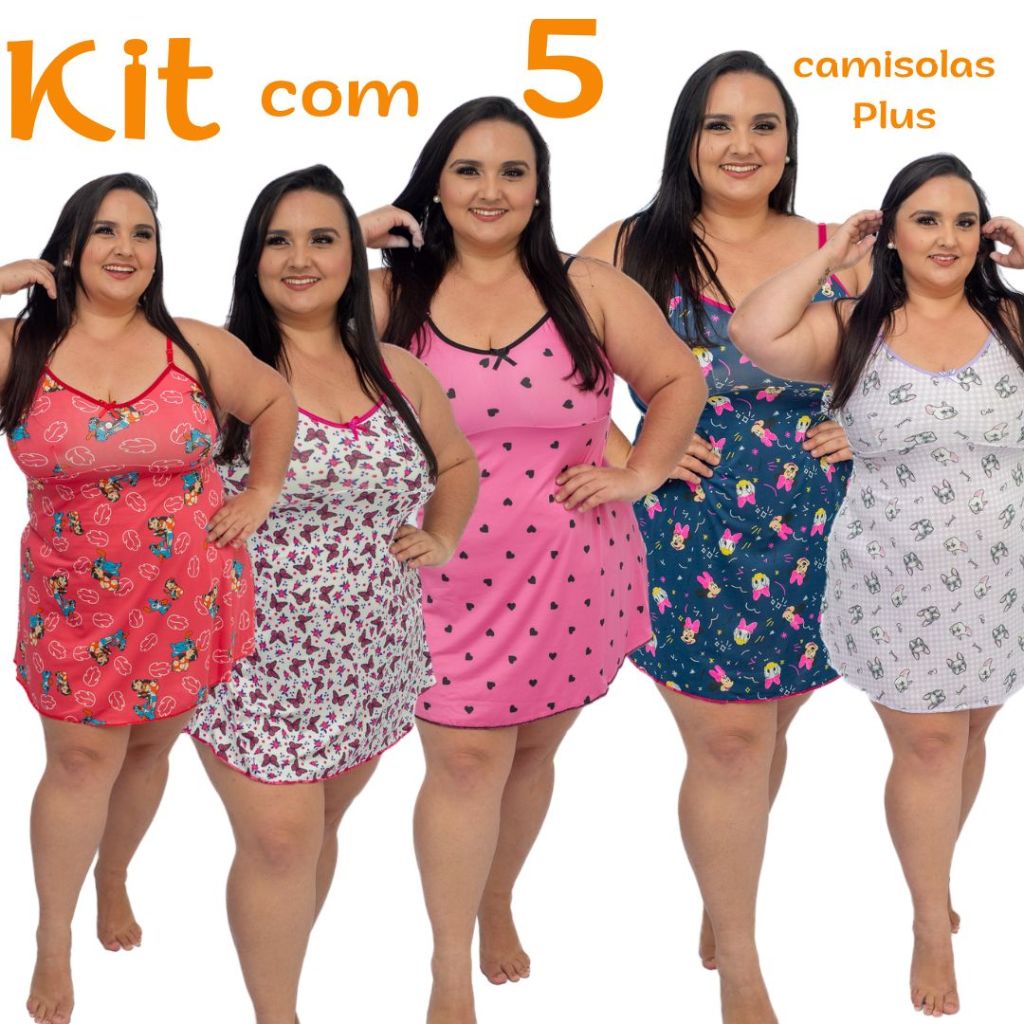 KIT com 5 Camisolas Plus Size Vestido de Dormir Plus Extra Grande Camisola GG1