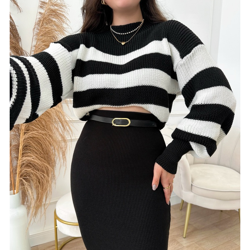 Cropped Feminino Tricot Listrado Manga Bufante Inverno Blusa Trico
