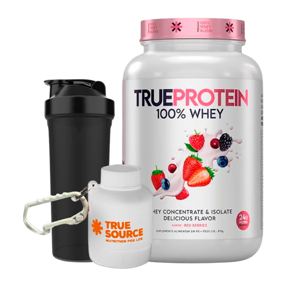 True Protein 100% Whey 874g + Chaveiro Porta Whey Protein Mini + Coqueteleira - True Source - Health