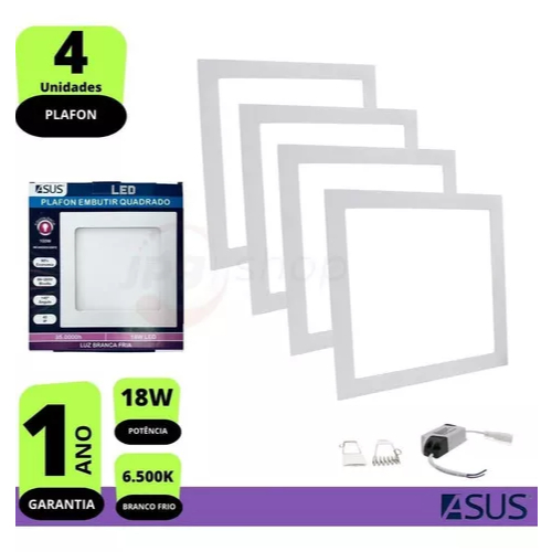 Kit 4 Luminárias Led Embutir Quadrada 18w 6500k Asus