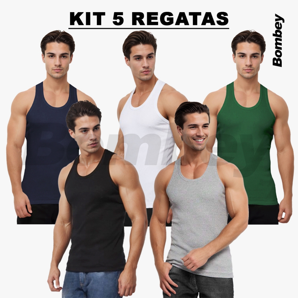 Kit 5 Regatas Masculina Cores Tank Modelo Americano Gringa Ribana em Algodão e Elastano