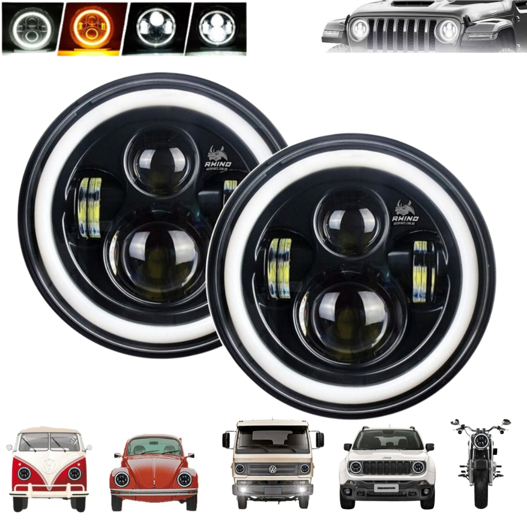 Par Kit 2 Farol Angel Eyes Defender Para Carro E Moto Led Jeep Troller Fusca Kombi 7 Polegadas