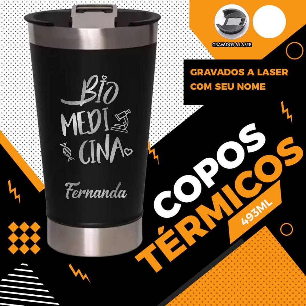 Copo termico inox 473 ML com tampa e abridor profissão Biomedicina Biomedica com seu nome