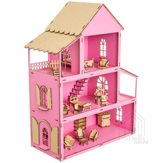 Casinha de Bonecas 50 cm Crianças Casa Rosa + Móveis