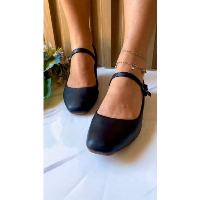Sapatilha Mary Jane Feminina Bico Quadrado Casual Rasteira Confortável Com Fivela